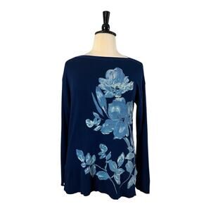 Roz & Ali Dressbarn Sweater Boatneck Long Sleeve Blue Floral Women’s Size Large